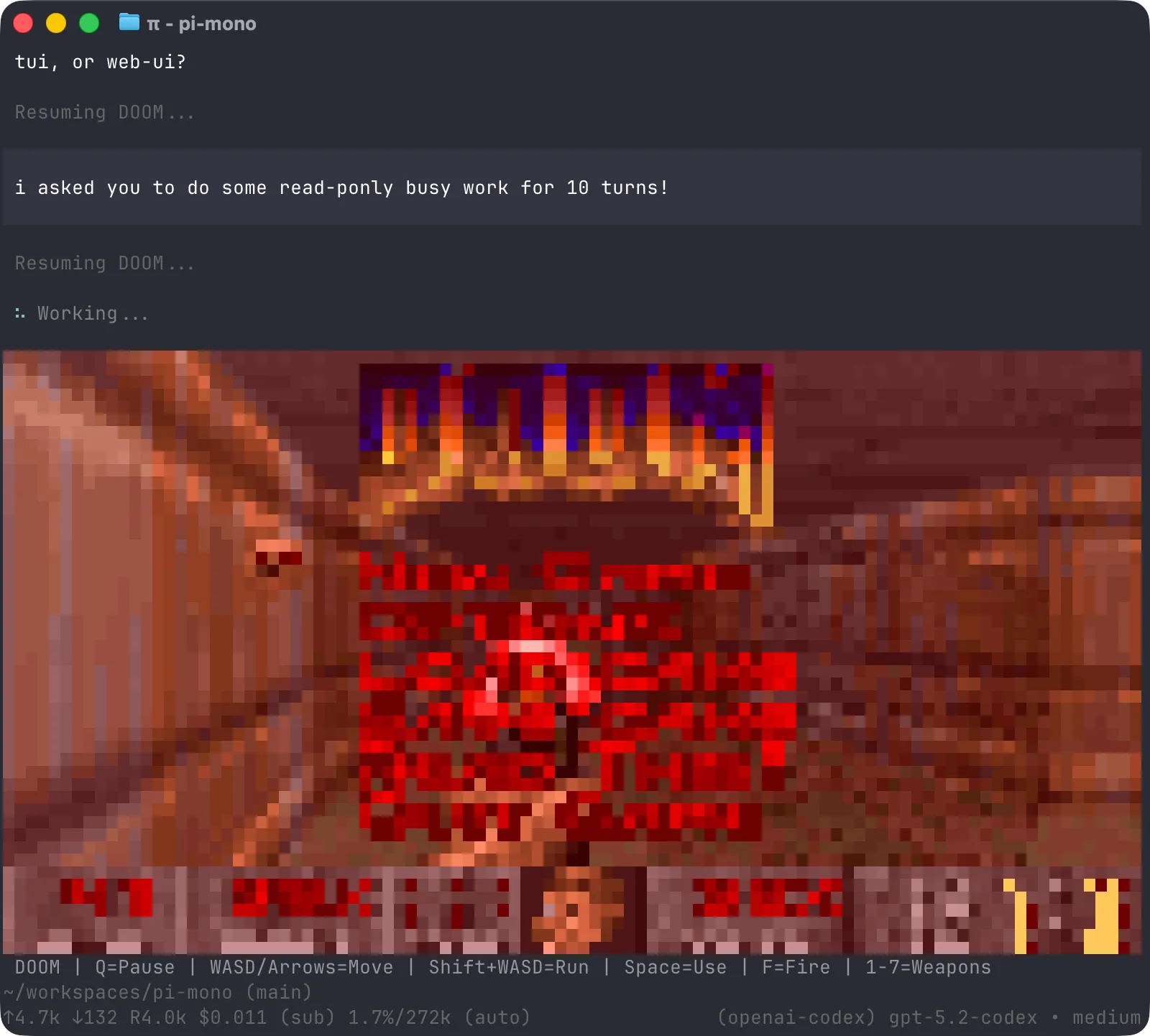 在 TUI 里跑 DOOM 的截图(仓库原生截图)